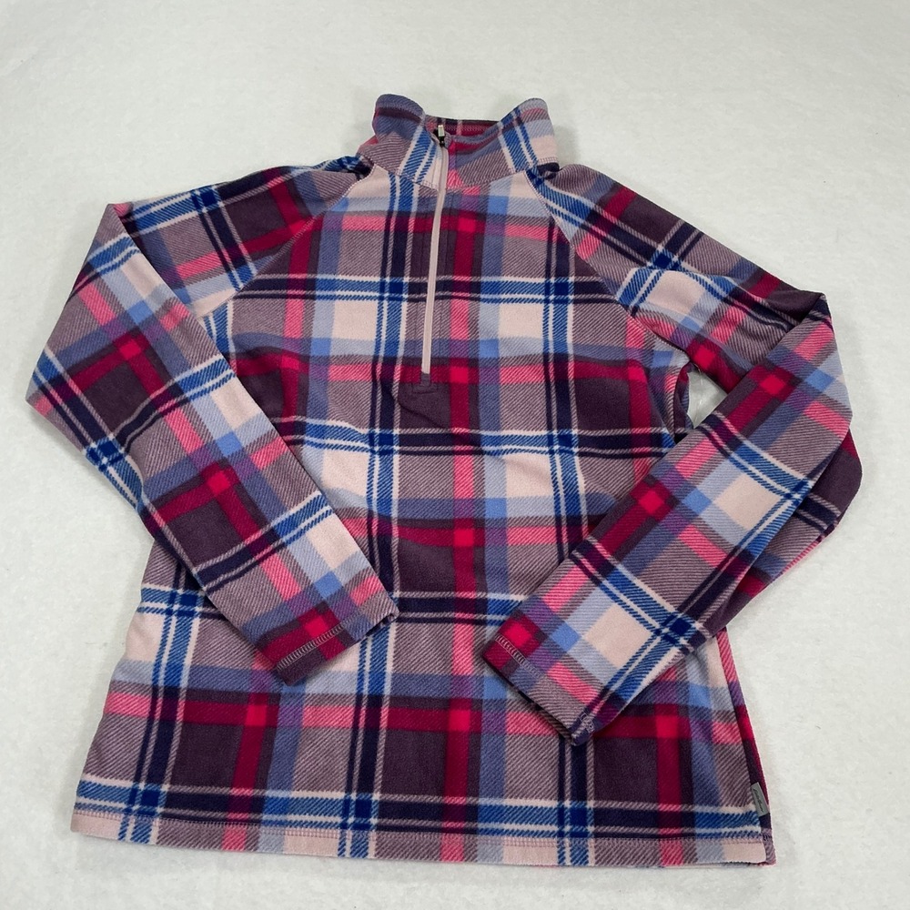 Eddie Bauer Womens Small Fleece Pullover Quarter Zip Pink Purple Plaid 1751